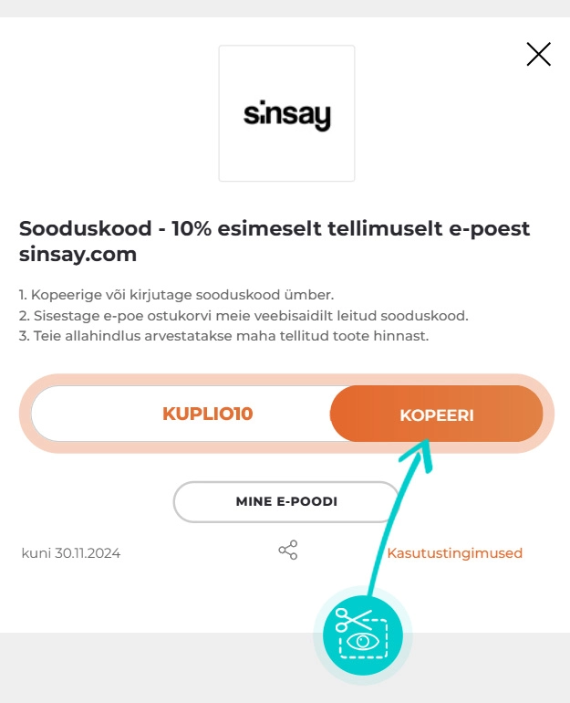 Juhised, kuidas Sinsay sooduskoodi kopeerida
