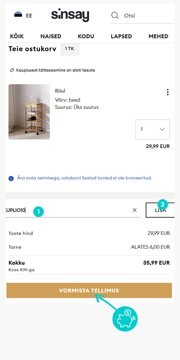 Juhised, kuidas sooduskoodi Sinsay ostukorvis rakendada