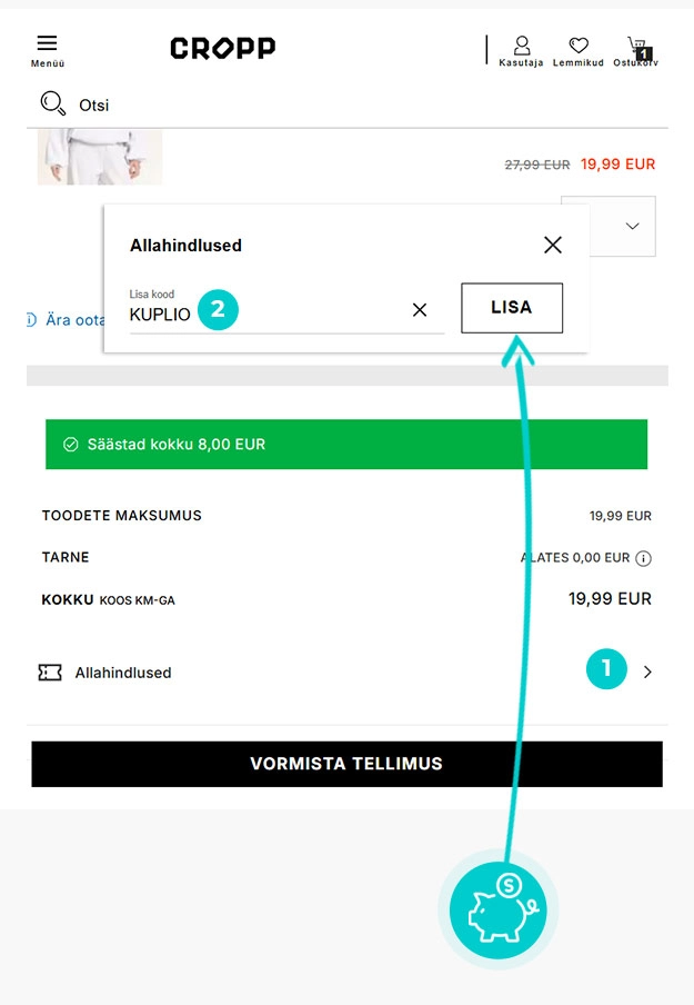Juhised, kuidas sooduskoodi Cropp ostukorvis rakendada