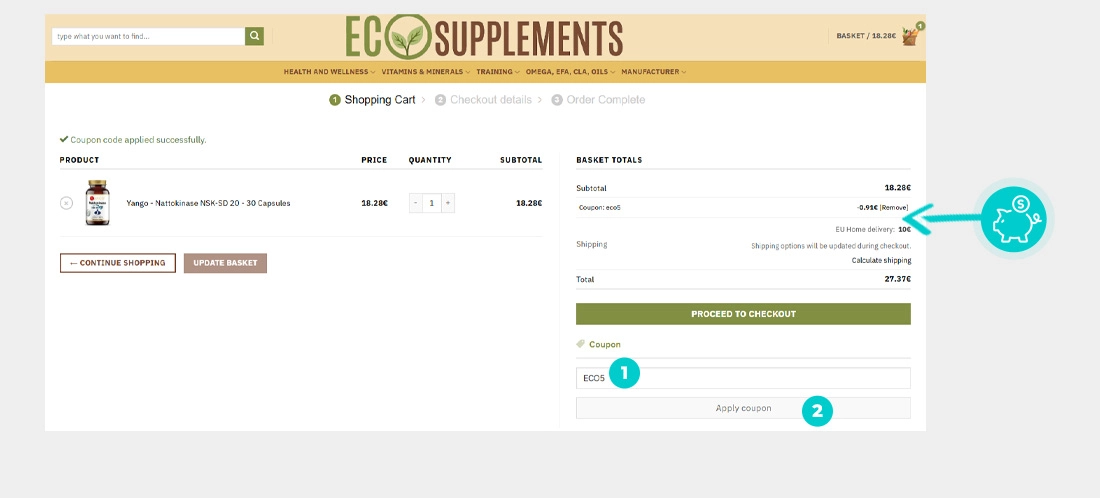 Juhised, kuidas sooduskoodi Eco Supplements ostukorvis rakendada