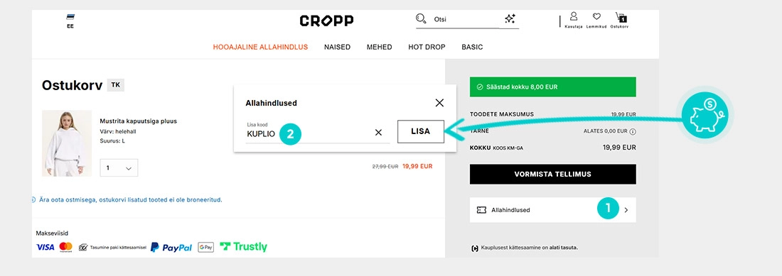 Juhised, kuidas sooduskoodi Cropp ostukorvis rakendada