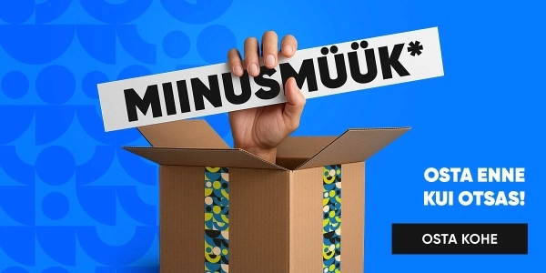 Pappkastist välja ulatuv käsi hoidmas silti Miinusmüük