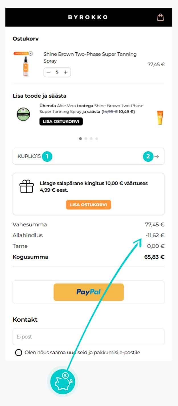Juhised, kuidas sooduskoodi ByRokko ostukorvis rakendada