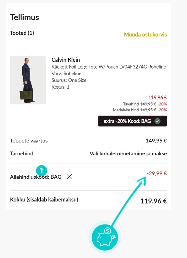 Juhised, kuidas sooduskoodi Modivo ostukorvis rakendada