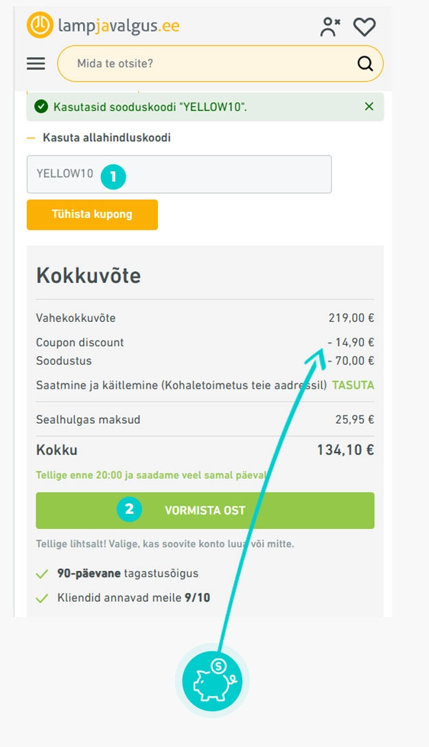 Juhised, kuidas sooduskoodi Lampjavalgus ostukorvis rakendada