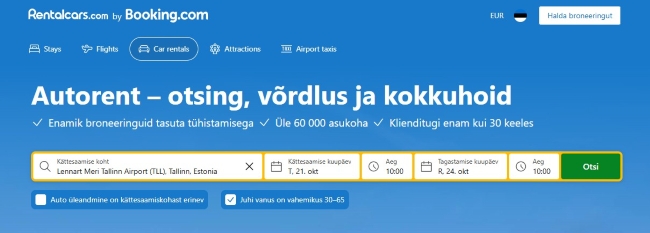 Ekraanitõmmis Rentalcars.com veebilehelt