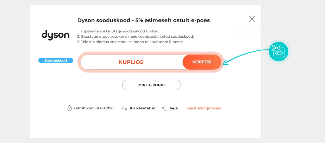 Juhised, kuidas Dyson sooduskoodi kopeerida