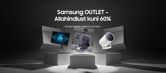 Samsungi kuvar, kõrvaklapid ja projektor hõljumas hallil taustal