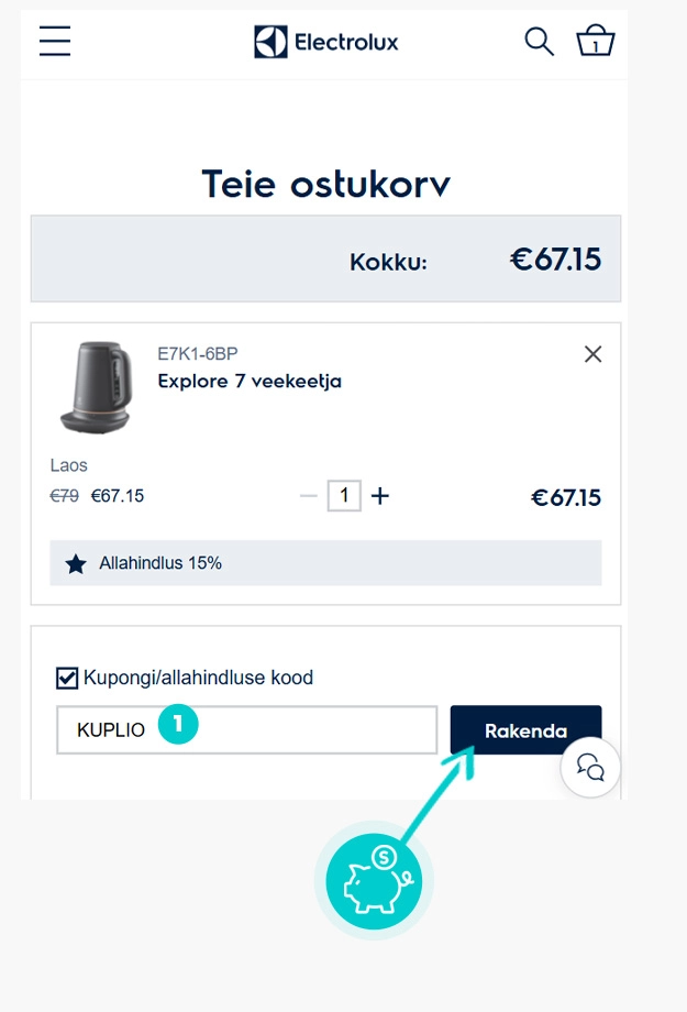 Juhised, kuidas sooduskoodi Electrolux ostukorvis rakendada