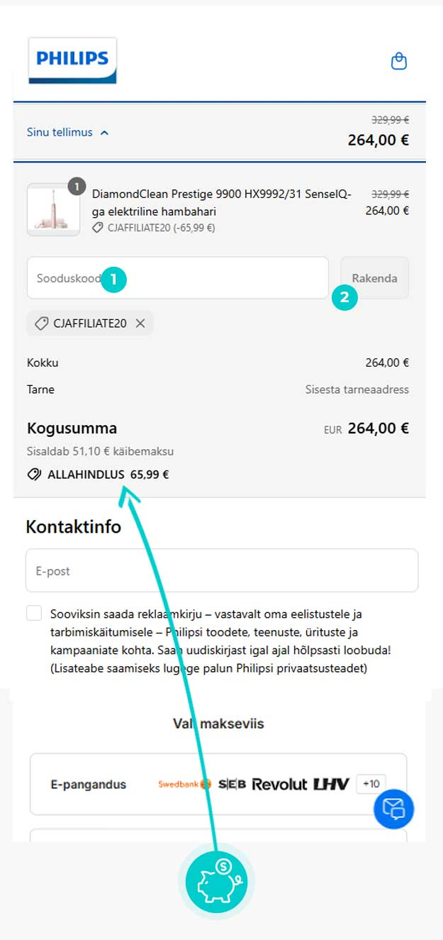 Juhised, kuidas sooduskoodi Philips ostukorvis rakendada