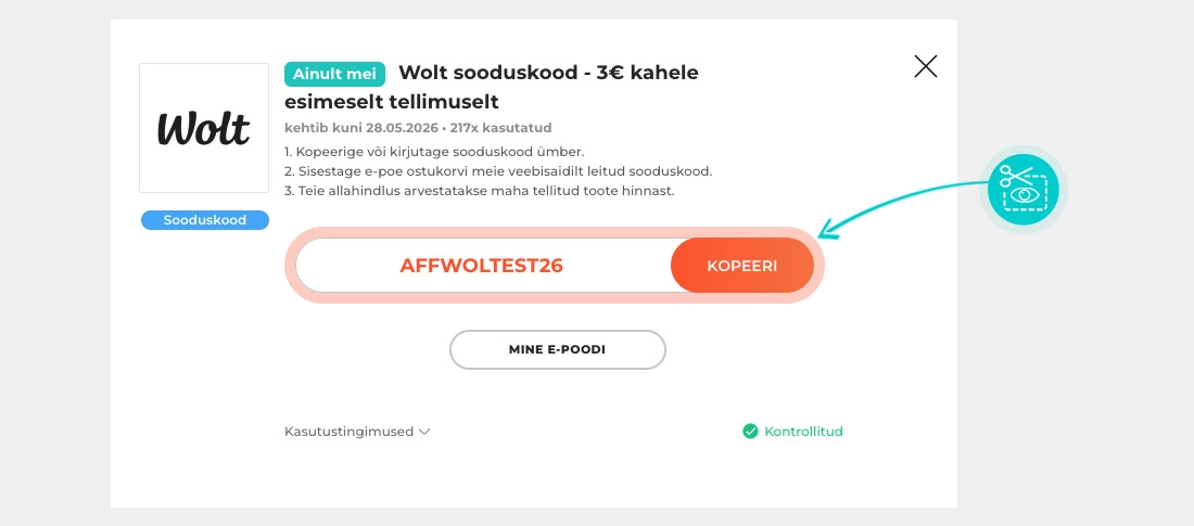 Juhised, kuidas Wolt sooduskoodi kopeerida