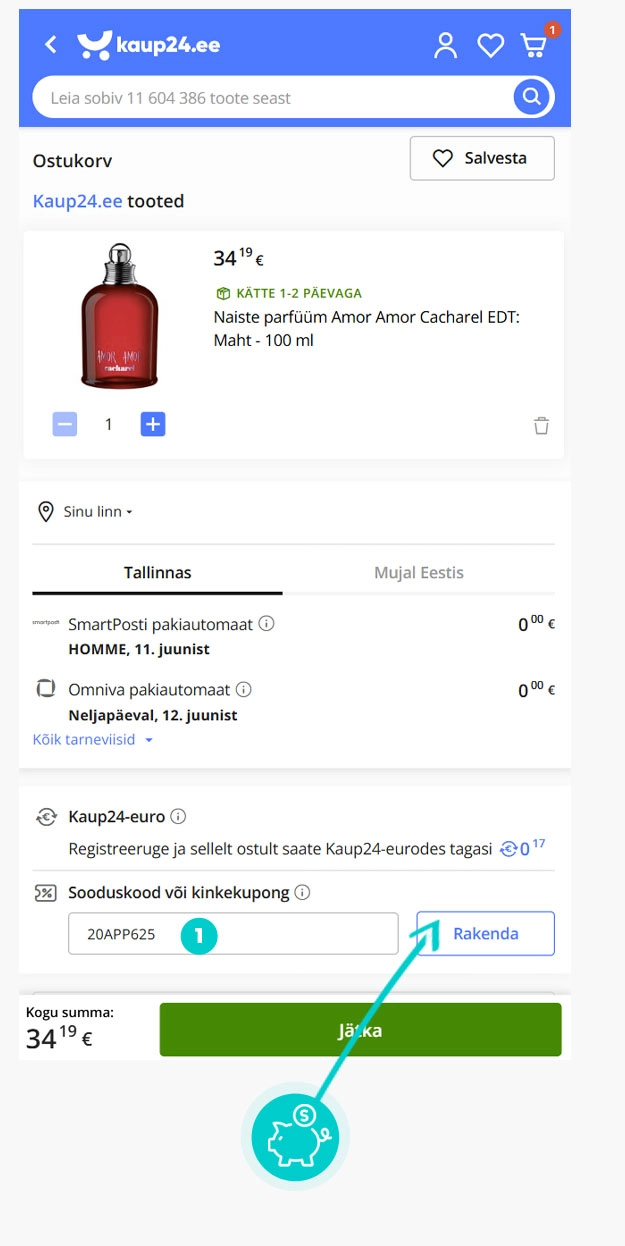 Juhised, kuidas sooduskoodi Kaup24 ostukorvis rakendada