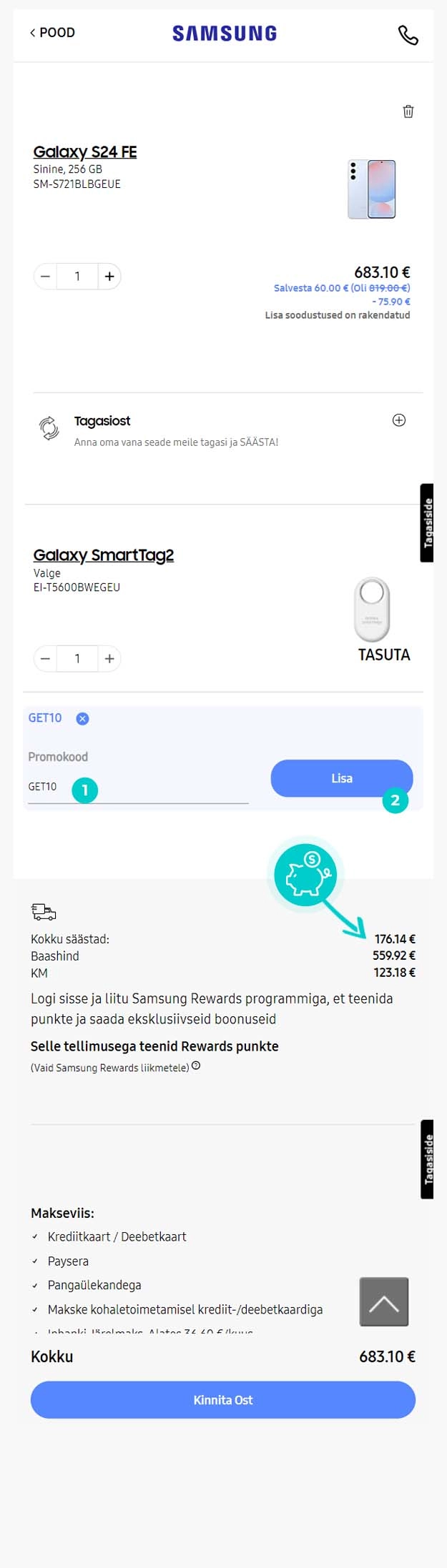 Juhised, kuidas sooduskoodi Samsung ostukorvis rakendada