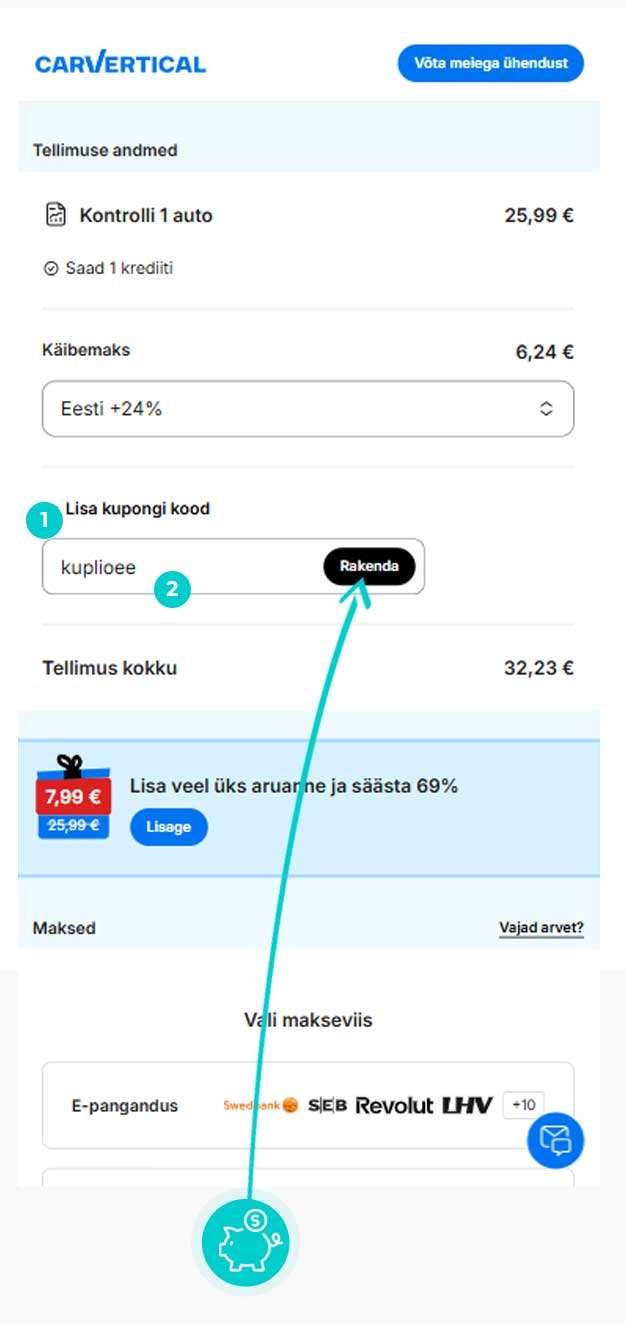 Juhised, kuidas sooduskoodi carVertical ostukorvis rakendada