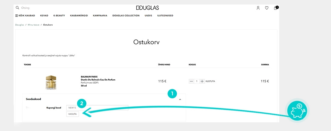 Juhised, kuidas sooduskoodi Douglas ostukorvis rakendada