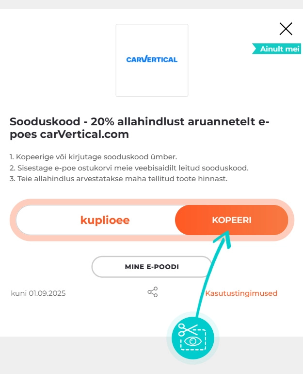 Juhised, kuidas carVertical sooduskoodi kopeerida