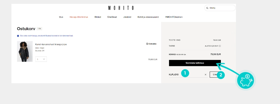 Juhised, kuidas sooduskoodi Mohito ostukorvis rakendada
