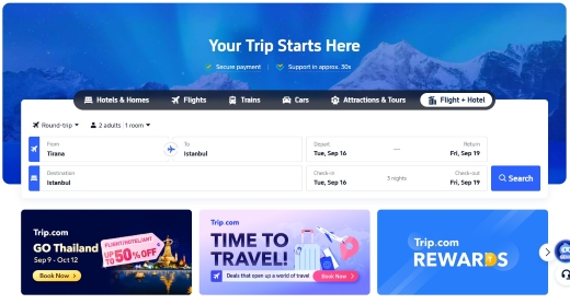 Kuvatõmmis Trip.com lehelt