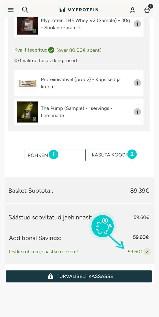Juhised, kuidas sooduskoodi Myprotein ostukorvis rakendada