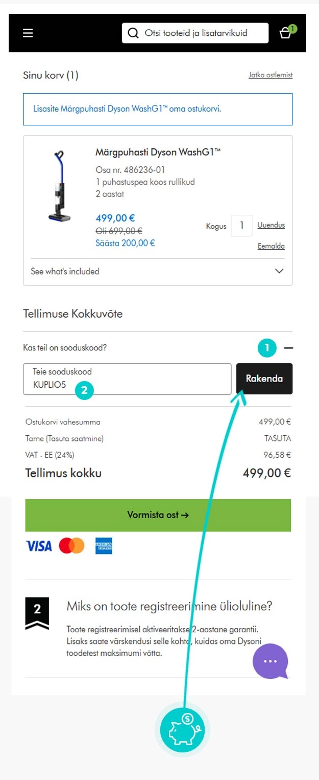 Juhised, kuidas sooduskoodi Dyson ostukorvis rakendada