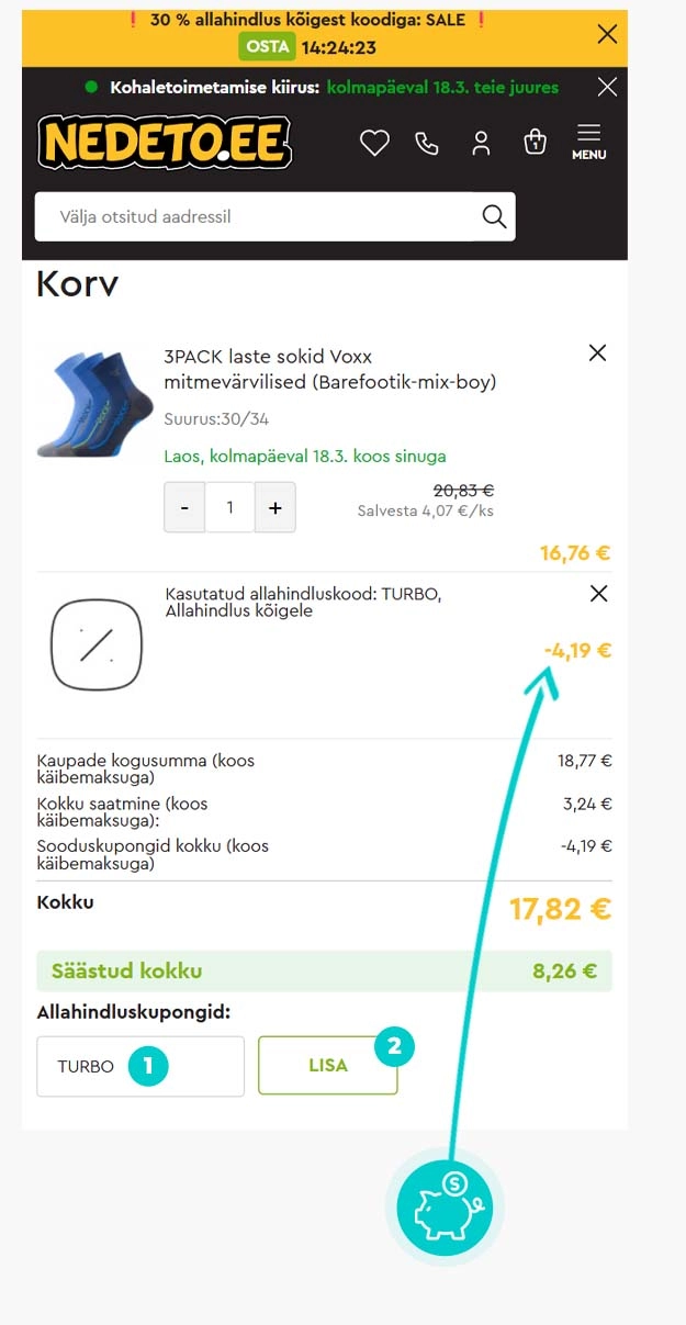 Juhised, kuidas sooduskoodi Nedeto ostukorvis rakendada