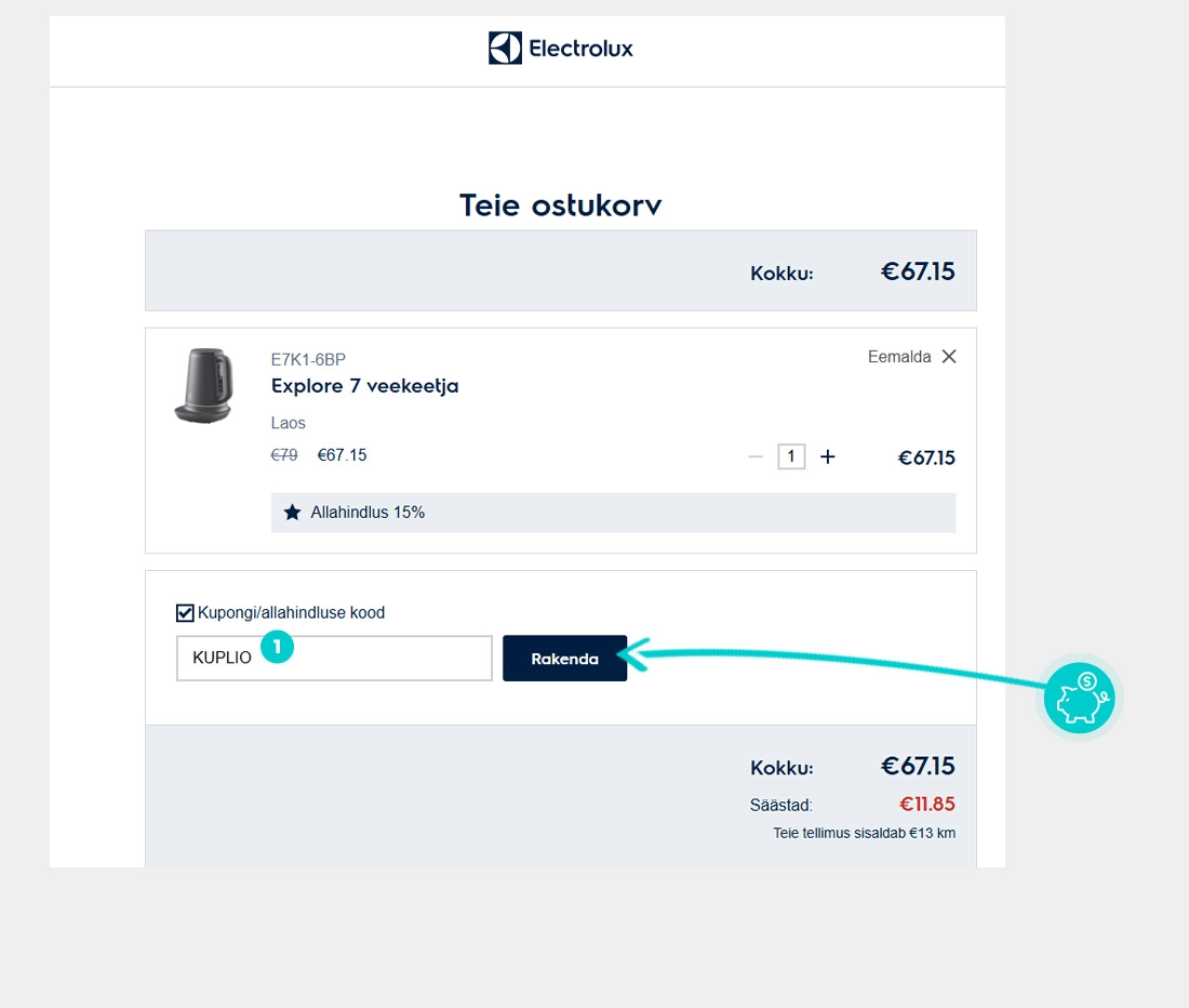 Juhised, kuidas sooduskoodi Electrolux ostukorvis rakendada