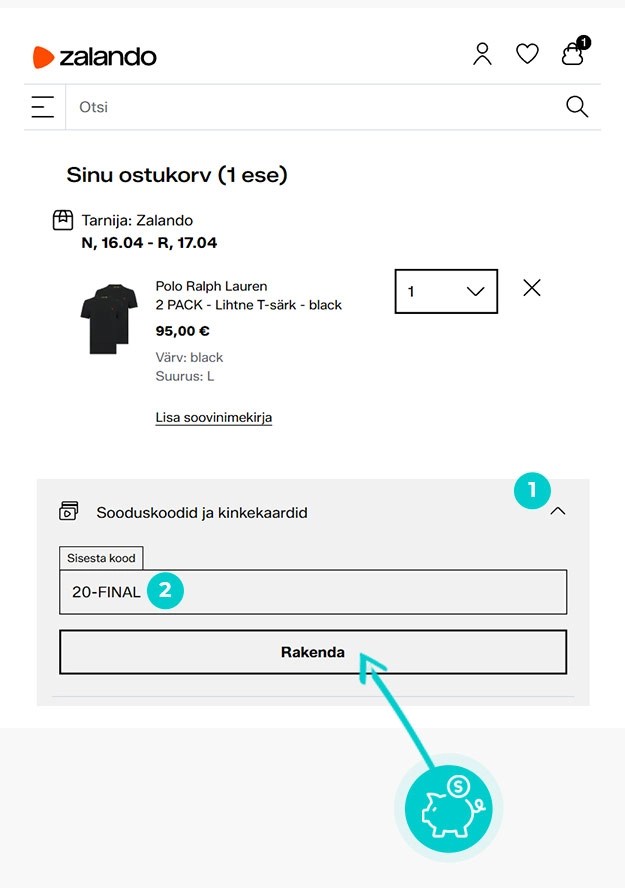 Juhised, kuidas sooduskoodi Zalando ostukorvis rakendada