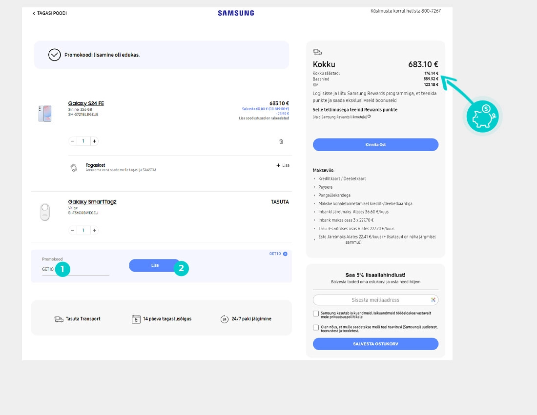Juhised, kuidas sooduskoodi Samsung ostukorvis rakendada