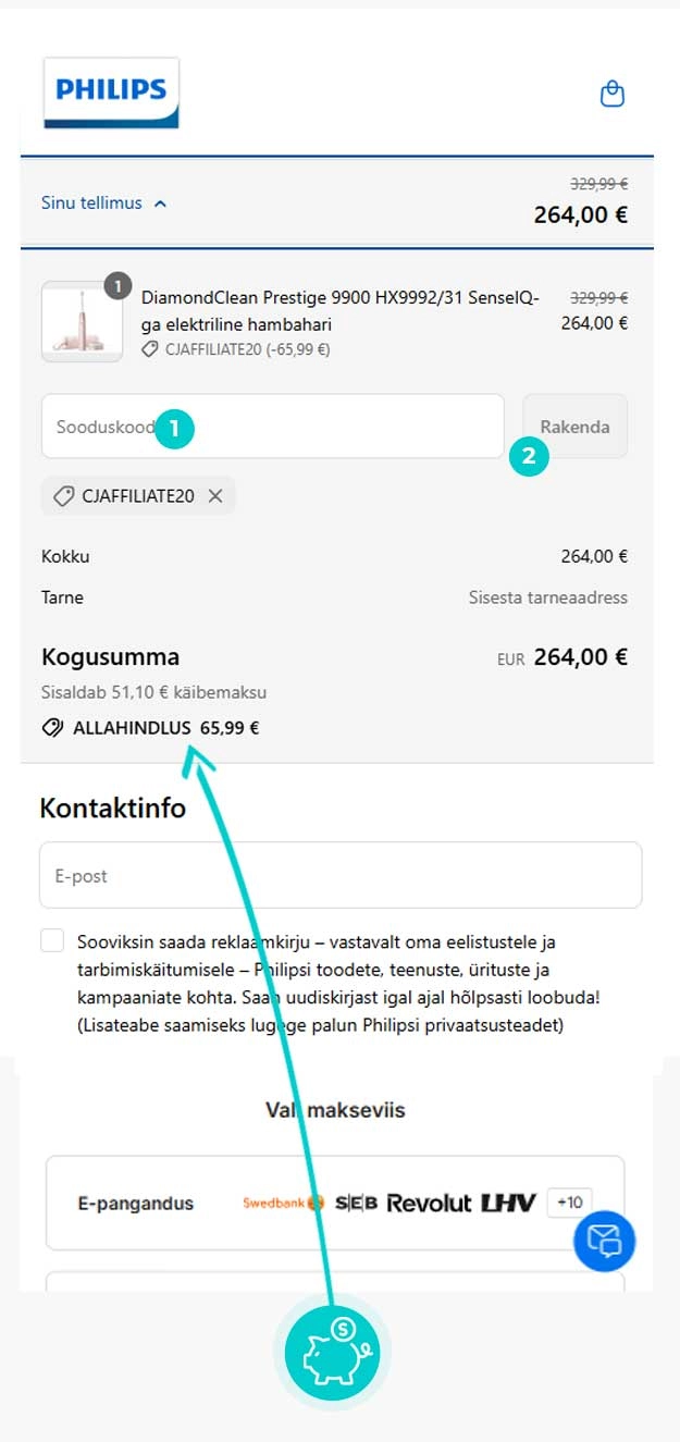 Juhised, kuidas sooduskoodi Philips ostukorvis rakendada