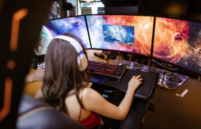 Kõrvaklappidega tüdruk istumas kolme monitoir taga