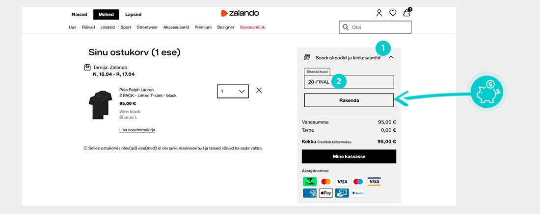 Juhised, kuidas sooduskoodi Zalando ostukorvis rakendada