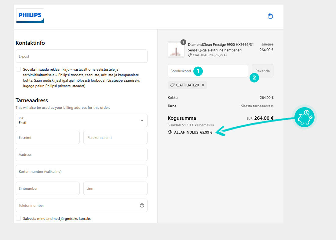 Juhised, kuidas sooduskoodi Philips ostukorvis rakendada