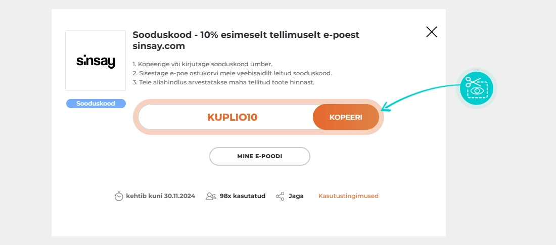 Juhised, kuidas Sinsay sooduskoodi kopeerida