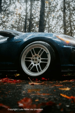 Auto sügisesel märjal asfaldil raagus puude taustal