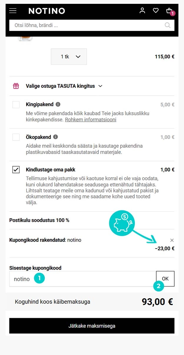 Juhised, kuidas sooduskoodi Notino ostukorvis rakendada