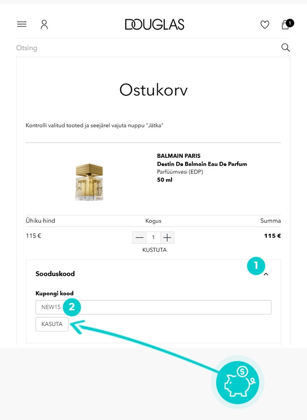 Juhised, kuidas sooduskoodi Douglas ostukorvis rakendada
